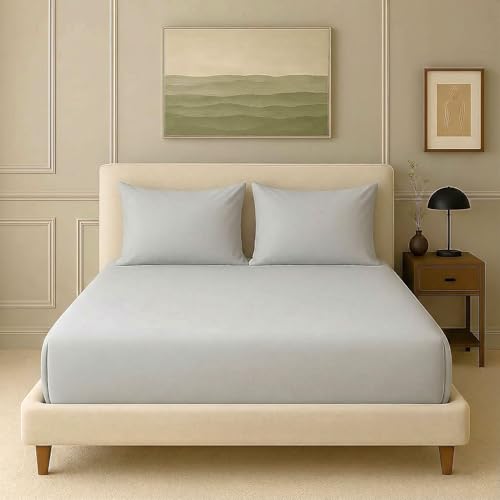 Image of Trance Home Linen 300 TC Bamboo Fitted Bedsheet | Soft, Breathable & Eco-Friendly Bedsheet with 2 Pillow Cover - (75 x 72 inch, Silver Grey)