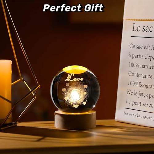 Image of Arikyrist 3D Rose Crystal Ball Gift for Girlfriend, Laser Engraved Rose Flower Glass Sphere Home Decor, Crystal Ball Night Light with Wooden Light Base