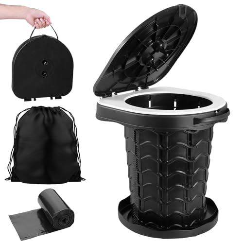 Collapsible Portable Toilet with Odor-Lock Lid - 1-Minute Setup Adjustable Height (2.95in-13.58in) 400lbs Capacity, Backpack-Friendly 3-in-1 Camp Potty for Camping, Hiking, Car, RV & Emergency Use