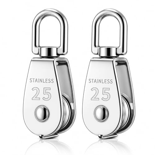 2 Pack M25 Single Pulley Block Heavy Duty 304 Stainless Steel Washing Line Pulley System with 25mm Pulley Wheel Rope Roller 360 Swivel Pulley Block for Indoor Outdoor DIY Gear