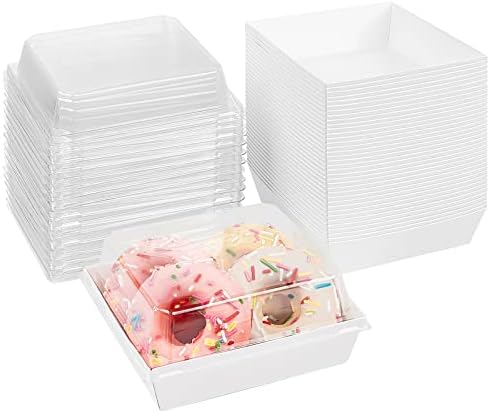 Ocmoiy 50 Pack Paper Charcuterie Boxes with Clear Secure Lids, 5 inches White Square Disposable Food Containers Bakery Boxes for Sandwich, Slice Cake, Cookies, Hot Cocoa Bombs, Strawberries