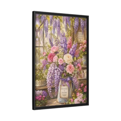 Toile florale violette haut de gamme : impression d'art sur canevas avec cadre noir de 3cm