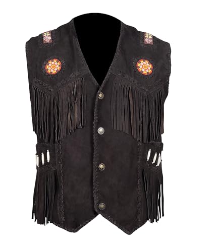 Image of Men's Western Cowhide Suede & Leather Vest - Beaded Fringe Yoke & Back Native-Inspired Cowboy Biker Vest