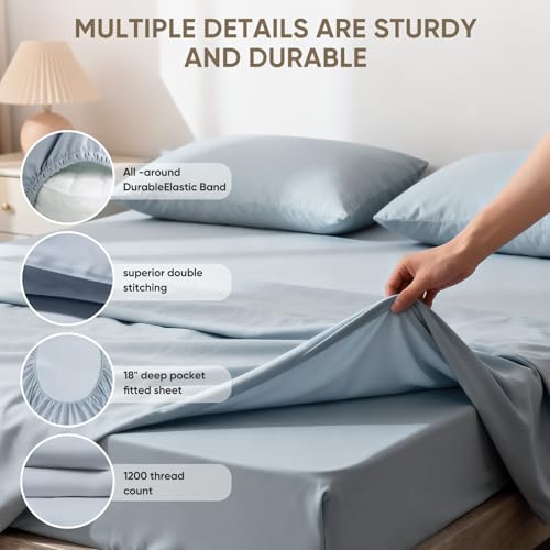 Image of 1200 Thread Count 100% Egyptian Cotton Sheets Bed Set for RV Camper,Thickness,Long-Lasting Durability,Resists Pilling,Deep Pocket Up to 18 inch,with a Laundry Bag (French Blue, Full)