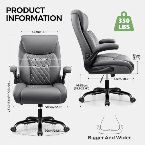 Image of Office Chair, Ergonomic Executive Desk Chair with Lumbar Support for Lower Back Pain Relief, Padded Flip-Up Armrests, Leather Home Office Chair, Gray
