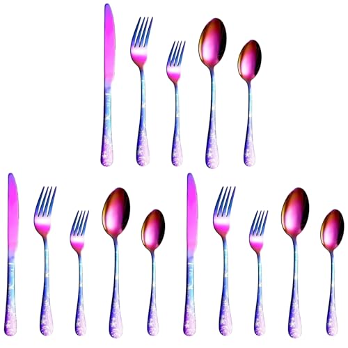 Image of aDai Rainbow Silverware Set | Satin Finish 15-Piece Flatware Set with Unique Floral Printed Handle | Dishwasher Safe Stainless Steel Cutlery for Home, Restaurant & Gifting