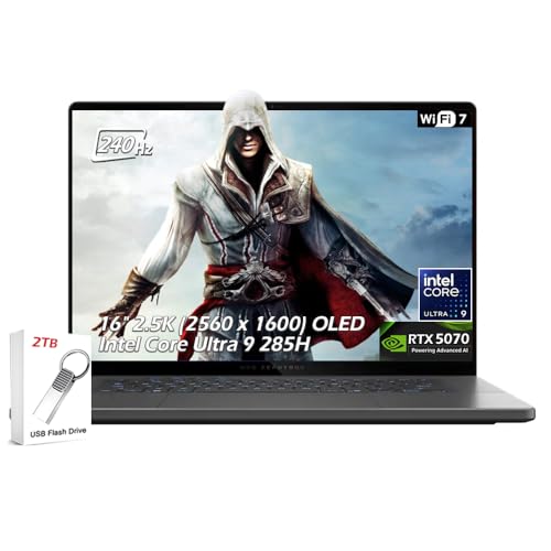Image of ASUS ROG Zephyrus G16 16 inch 2.5K OLED 240Hz Gaming Laptop, Intel Core Ultra 9 285H, RTX 5070 8GB, 16GB LPDDR5X 2TB SSD, Thunderbolt4, Wi-Fi7, Backlit KB, Win11, Eclipse Gray, w /2TB USB Drive, W /GaLiMu