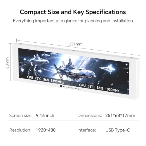Image of TR Trofeo Vision 9.16in LCD PC Sensor Panel, 1920x480 USB-C, White | 1920x480 display for real-time CPU, GPU, RAM and FPS stats, GIF playback and clean desktop PC case builds
