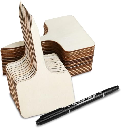 GWHOLE 30pcs Plant Labels with Marker Pen Set Wooden T-Type Plant Tags Garden Label Stake Nursery Plant Markers for Outdoor Greenhouse Flower Seed Herb Garden Potted Plants