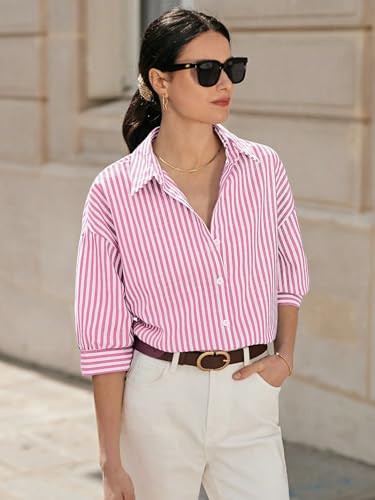 Image of IndoPrimo Women's Classic Fit Striped Print Poly Cotton Shirt with 3 /4 Sleeve Mandarin Neck Standard Length and Button Down Closure Type
