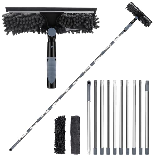 Limpiacristales de 4,5 m con mango telescópico, 2 en 1, 24 cm y 450 cm, extralargo, con mango largo, juego profesional para ventanas altas, cristal, ventanas, color gris