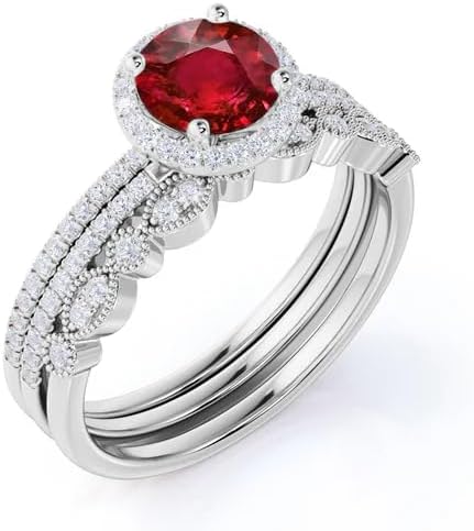 Antique Style Ruby Wedding Set 2 Carat Round Cut Lab Created Ruby with Diamond Halo Trio Bridal Ring Set in 925 Sterling Silver White Gold Finish Valentine Birthday Ring for Her