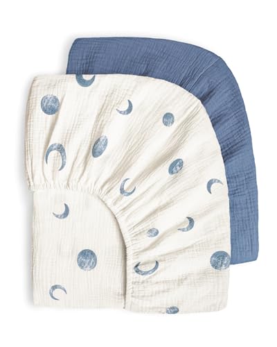 Image of Bearmoss Muslin Crib Sheets 100% Cotton Baby Crib Sheets Fitted for Standard Crib Mattress & Toddler Bed Mattress 52"x28" Soft Breathable Crib Sheets Neutral for Boys Girls - 2 Pack (Blue Crescent)