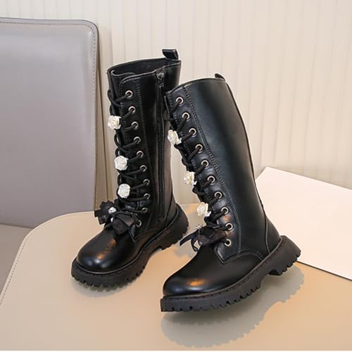 Kids Girls Knee Length Boots Fashion Lace Up Side Zip Combat Boots Winter High Tall Boots with Bow Casual Outdoor Hiking Riding Shoes3