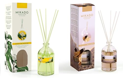PCMOVILES Mikado Ambientador DAMA DE NOCHE Y MISTERIOSO PALO SANTO 100 ml – Pack de 2 Unidades – Aroma Fresco y Natural – Difusor de Varillas para Casa, Oficina y Armario