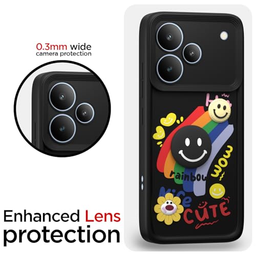 Image of Pikkme Back Cover for Realme P4 5G | Soft Silicone| Cute Rainbow Smile & 3D Cartoon Flower Design | Shockproof Raised Camera Protection Bumper Case (Black)