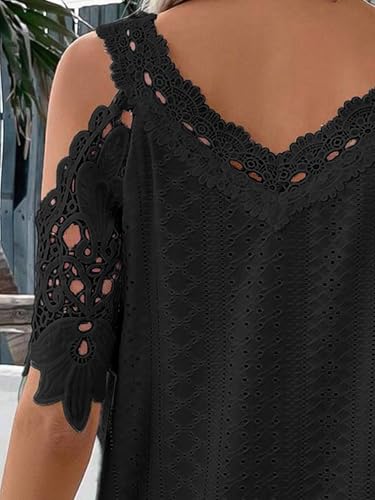 Flamingals Women's Cold Shoulder Eyelet Short Sleeve Hollow Out Lace Floral Sleeveless Blouse Top4