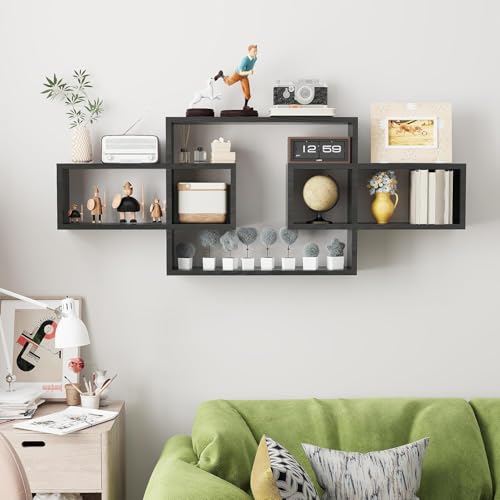 Image of Wooden Wall Shelves for Living Room, Bedroom Wall Mounted Rectangle Bookcase, Intersecting Wall Shelves for Storage Modern Decorative Display Shelves for Wall Decor (Black)