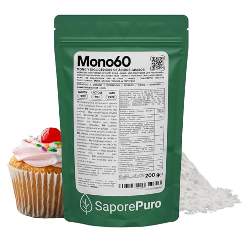 SaporePuro Macacão 60 – Mono e diglicéridos de ácidos gordos, 200 g, emulsificante alimentar de origem vegetal sem glúten para gelados, sorvetes, argarinas, cremes húmidos e pastelaria
