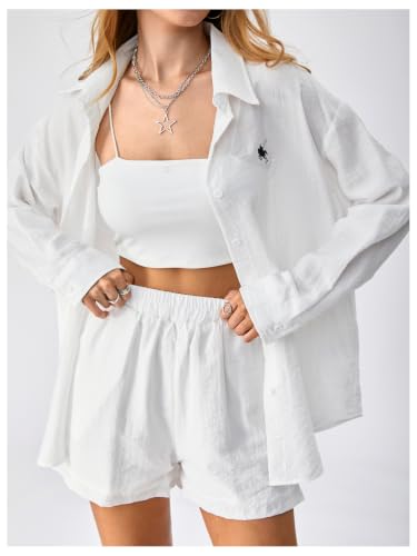 Image of SweatyRocks Women's 2 Piece Outfits Button Down Shirts Lounge Linen Sets and Mini Shorts Pajama Gauze Set Beachwear
