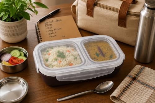 Image of Bento Lunch Box 550ml, Stainless Steel Lunch Box with 2 Compartments & Spoon, Microwave Safe BPA Free Tiffin Box, Leak Resistant Lunch Box for Kids & Adults, Office, School & Travel Brown