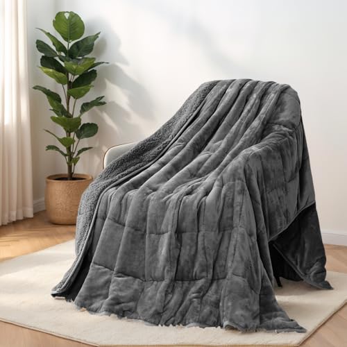 Uttermara Weighted Blankets for Adults Queen Size, 15lbs 60x80 inches Blanket with Soft Warm Plush Sherpa Fleece, Washable Thick Heavy Throw for Sleeping and Calming, Grey