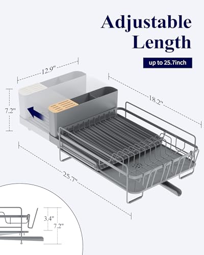 Kitsure Extendable Dish Drying Rack, Large Drying Dish Rack with Cutlery & Cup Holders, Multifunctional Dish Racks for Counter with Drainage, 18.2"-25.7" L x 12.9" W, Grey - Image 3