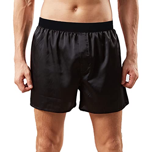 Mens Silk Satin Boxers Shorts Button Fly Satin Sleep Pajama Bottoms with Soft Stretchy Waistband