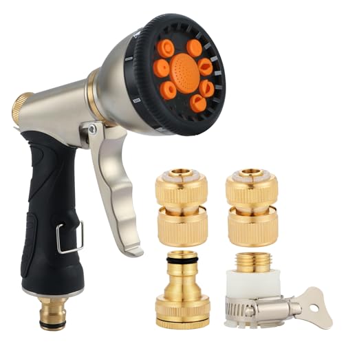 Fippy Pistola Pulverizadora de Metal para Manguera de Jardín con 4 Conectores de Latón, 9 Patrones Ajustables, para Riego de Plantas, Lavado de Coches y Mascotas