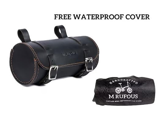 M RUFOUS Bicycle Leather Saddle Bag Motorcycle Tool Bag Pannier in Black Leather with Brass Buckle, Stylish and Functional Addition for Your Bike.