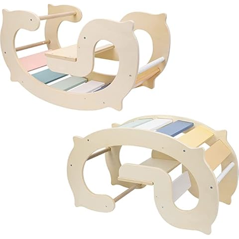 labebe Montessori Kletterbogen,Spezielles Makrone Kletterdreieck für Kinder,2 in 1 Klettergerüst & Schaukelpferd Holz Indoor ab 1 Jahr Cover