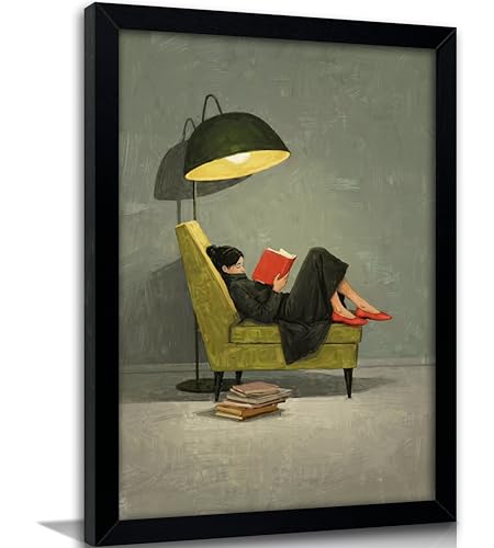 Framed Trendy Women Reading Book Wall Art Quiet Moment on The Sofa Art Prints Green...