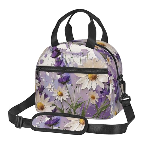 断熱ランチバッグ ラベンダーとデイジープリント 男女兼用 再利用可能 保温クーラー ランチトートバッグ 仕事 ピクニック 旅行 ビーチ 釣り