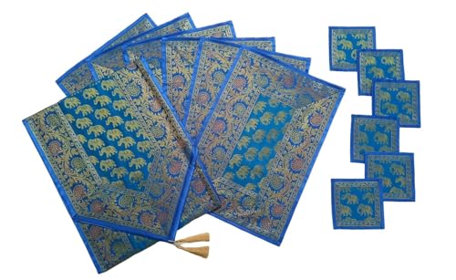 Image of Diwali Room Decor Silk Table Runner Placemats Tea Coaster Set for Living Room 4 to 6 Seater Dinning Table Table Mat Set Centre Table Top Decor Pack of 13 Pcs (Turquoise)