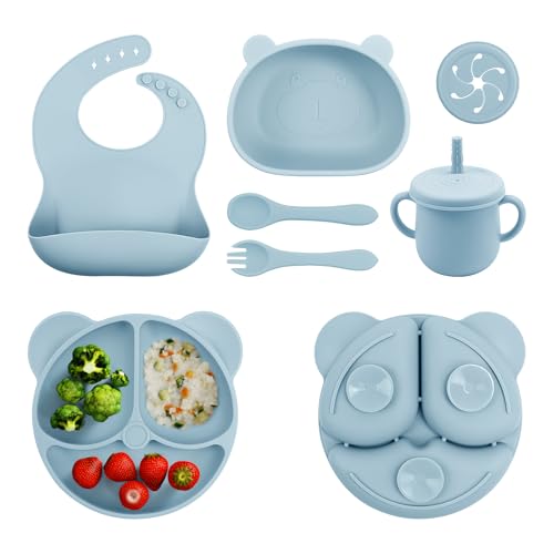 Image of OEC-T5 Baby Led Weaning Supplie，Silicone Baby Feeding Set with Suction Plate and Bowl，Toddler Self Feeding Essentials with Spoons Forks Bib Sippy Cup，Eating Utensils for 6+ Months (10 Pcs)