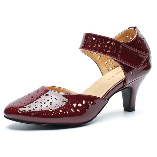 Image of Women's Comfortable Mary Jane Pumps Vintage Cutout Closed Toe Kitten Heels for Dressy Office Work