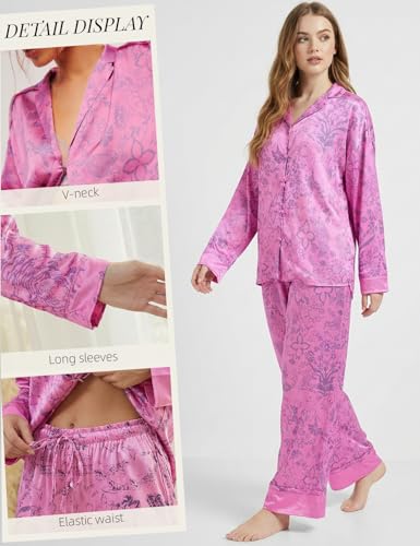 Image of Arssm Satin Pajama Set for Women Silk Pajamas Set 2 Piece Floral Pj Set Long Sleeve Button Down Pjs Sleepwear