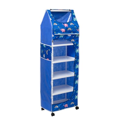 Image of HYSEYY Baby Wardrobe Plastic Kids Storage Rack with Fabric Cover & Wheels | 6-Tier Plastic Shelves Organizer | Toy, Book & Clothes Storage Cabinet for Kids Room (Elephant Pattern)