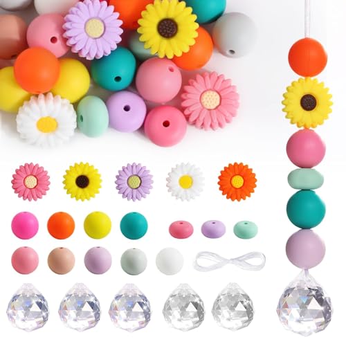 BOFUNX 5 Set Kinder Sonnenfänger Bastelset, Kristall Sonnenfänger + Sonnenblumen Perlen Bunt Rund Silikon Perlen + Organzasäckchen, Kindergeburtstag Basteln Kinder Geschenke Fenster Home Gartendeko