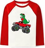 Sineeko Toddler Boys T-Shirt Valentine's Funny T Rex Shirt Heart Monster Truck Glasses Dinosaur Tops Kids Red Raglan Sleeve Tees 3T