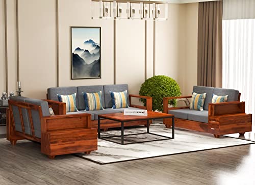 Image of Sheesham Wood 7 Seater Sofa Set with 2 Drawer Storage | 3+2+2 Wooden Sofa Set Furniture for Living Room Home Office (Honey Finish)