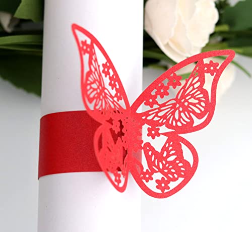 Duories Lot de 30 ronds de serviette en papier en forme de papillon pour décoration de table, porte-serviettes pour mariage, dîner, anniversaire, fête, Noël, décoration de table, rouge B Cover
