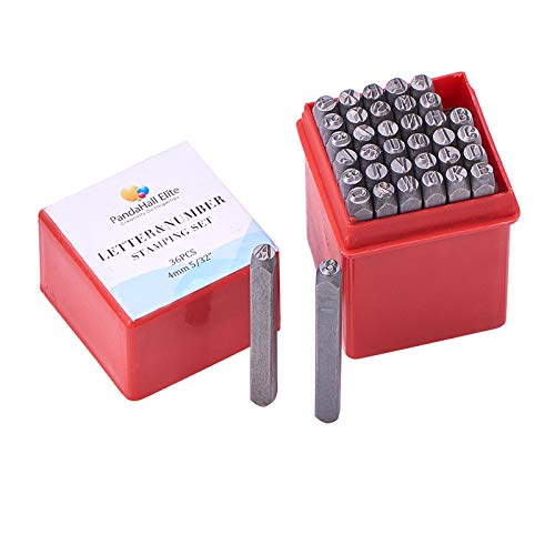 PandaHall Elite 36 Pcs Letter and Number Metal Stamp Set, 5/32 inch 4mm Alphabet A-Z and Number 0-9 and Symbol, Iron Uppercase Stamps Punch Press Tool for Imprinting on Metal Jewelry Leather Wood