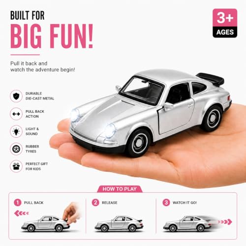 Image of 1:36 Scale 911 Die-Cast Alloy Toy Car - Pull-Back Metal Sports Car with Openable Doors, LED Lights & Sound - Collectible Model for Kids, Boys & Enthusiasts (Silver)