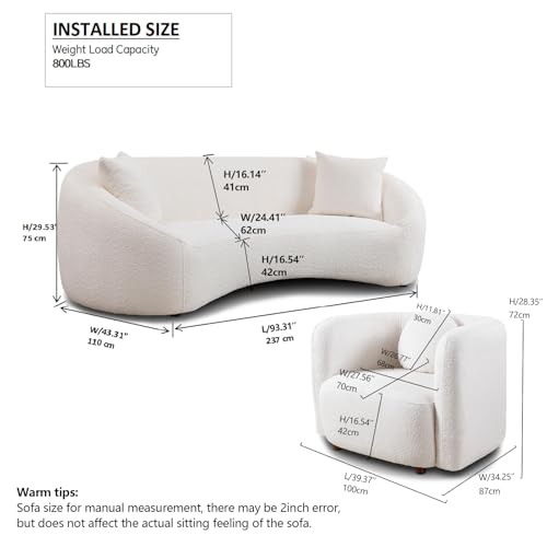 Image of Modern Sofa Set of 2 Piece Couch Set Upholstered Boucle Fabric 3-Seat Minimalist Curved Sofa and Oversized Sofas Chair Solid Wood Frame Tight Curved Back Cloud Couch and Chair Set for Living Room Home