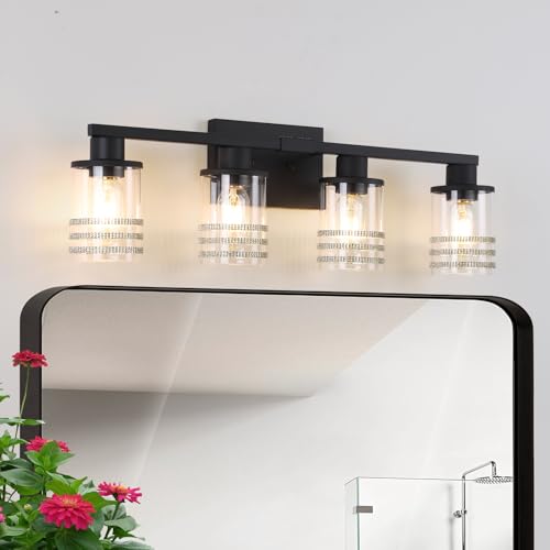 Image of YYT 4 Light Bathroom Light Fixtures Black Vanity Lights for Bathroom Vanity Light Matte Black 4 Light with Clear Glass Shades