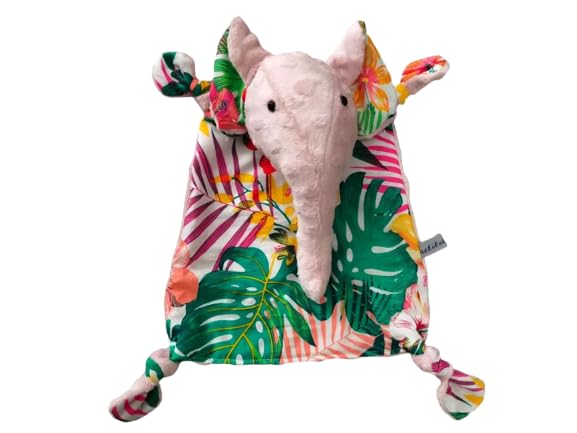 Doudou éléphant en coton et velours rose poudré fait main