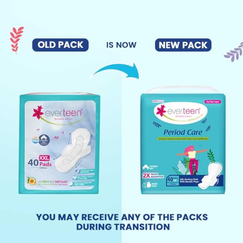 everteen XXL Dry Neem-Safflower Sanitary Pads for Women - 80 Pads, Rash Free, Anti Tan, Skin Friendly, Double Wing Shape, Advanced Leak Protection, XX Large, 320mm - 2 Packs (40... - Image 2