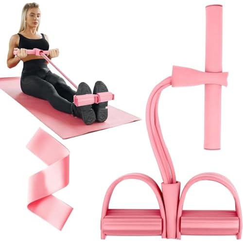 Flintronic 4 Spannseil Sit-Up Fitness-Zugseil Pedal, Multifunktions Widerstandstraining mit Widerstandsband, Oberschenkeltrainer Beintrainer, Bauchtrainer und Ganzkörpertrainer (Rosa)