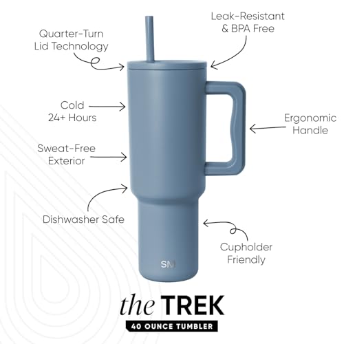 Image of Simple Modern 40 oz Trek Tumbler with Handle and Straw Lid | Cup Holder Friendly Insulated Stainless Steel Travel Mug | Blue Dune